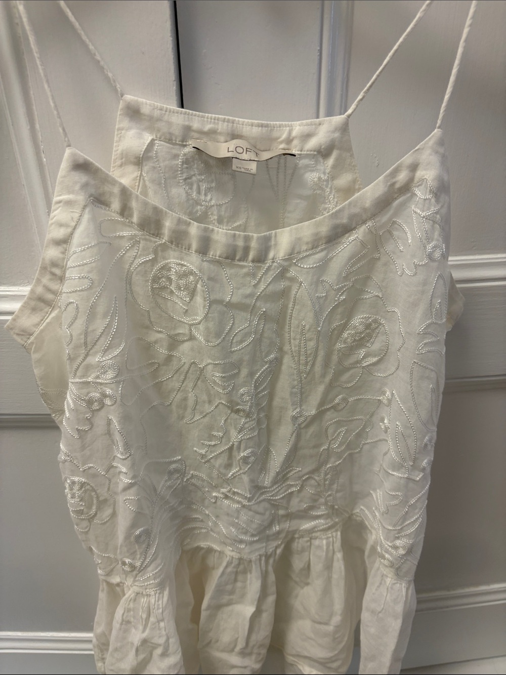 LOFT Cream Floral Embroidered Spaghetti Strap Dress